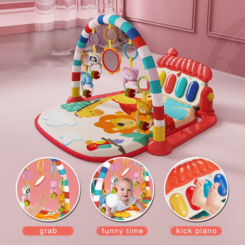 Musical Baby Gyms Play Mats Musical Activity Mat Piano Baby Play Gym Tummy Time Padded Mat for Baby Newborn Toddler Infants (Red)