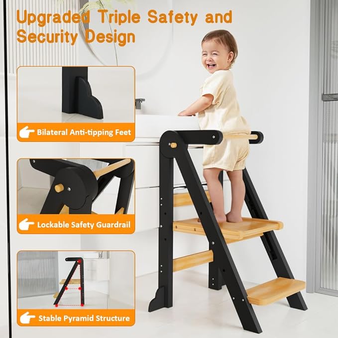 Toddler Tower, Foldable Step Stool for Toddlers, Toddler Kitchen Stool Helper with 3 Adjustable Height Safty Rail and Anti-Tip Structure, Learning Tower for Toddlers Baby Kids