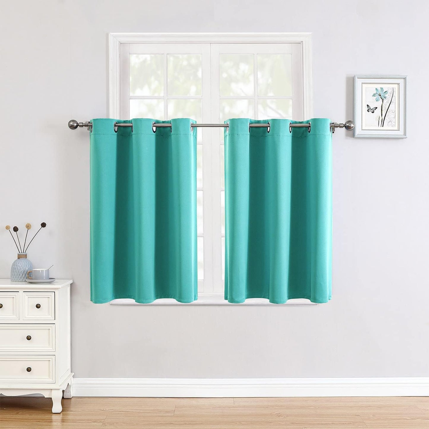ChrisDowa Small Window Curtains for Kitchen and Bedroom - Grommet Short Thermal Insulated Room Darkening Curtains (2 Panels, Teal, 34 x 36 Inch)