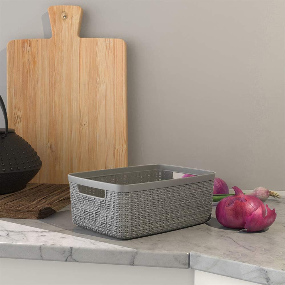 Curver Jute Decorative Plastic Organization and Storage Basket Perfect Bins for Home Office, Closet Shelves, Kitchen Pantry and All Bedroom Essentials, Small, Grey, Set of 8