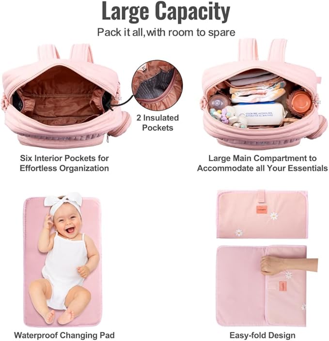 Diaper Bag Backpack, Medium Maternity baby bag & Changing Pad, Diaper Bag Tote, Insulated Pockets, Hospital Bag (Medium - Pink Flowers)