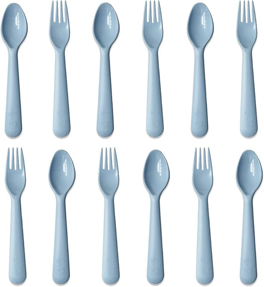 12 Pcs Plastic Toddler Utensils Set 6 Kids Forks and 6 Kids Spoons BPA Free/Dishwasher Safe Toddler Silverware Brightly Colored Kid Plastic Cutlery Set-Blue