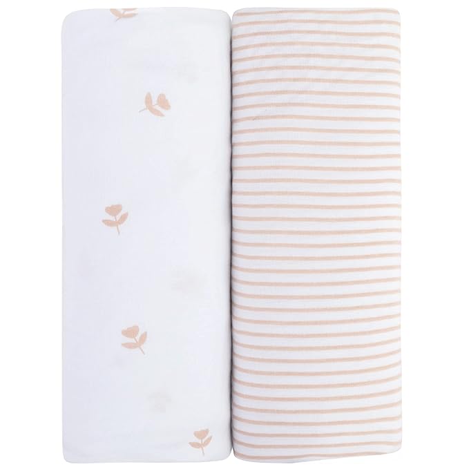 Ely’s & Co. Bassinet Sheets, Baby Girl Fitted Bassinet Mattress Sheet Set - 2 Pack, 100% Jersey Knit Cotton, fits Oval, Hourglass and Rectangle Bassinet Mattress, Pink Tulip, 32”x16”x3”