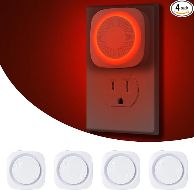 LED Night Lights Plug into Wall, Indirect Soft Dimmable Night Light with Dust to Dawn Sensor, Red Nightlight for Bedroom,Bathroom,Kitchen,Stairs,Hallway,Travel, 4 Packs, Red