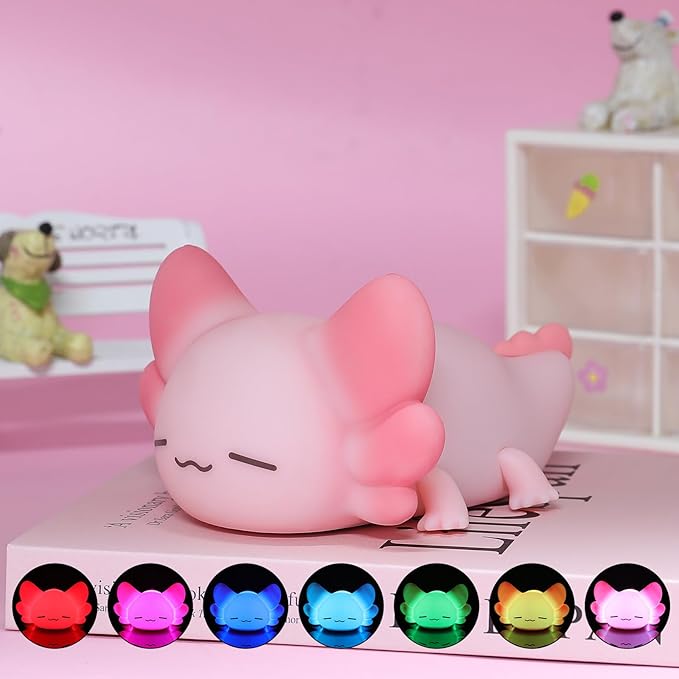 Tremdwoto Axolotl Night Light for Kids, 7 Color Changing Cute Axolotl Lamp，Dimmable &1/3 H Timer, USB Rechargeable Silicone Nursery Nightlight for Kid Bedroom Decor Axolotl Gift for Boys and Girls
