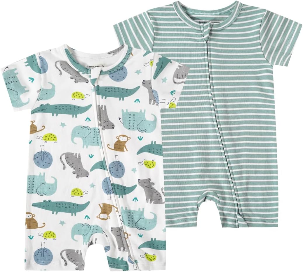 Teach Leanbh Unisex Baby 2 Pack Pajamas Cotton Short Sleeve 2 Way Zipper Printing Soild Romper Jumpsuit Sleep and Play