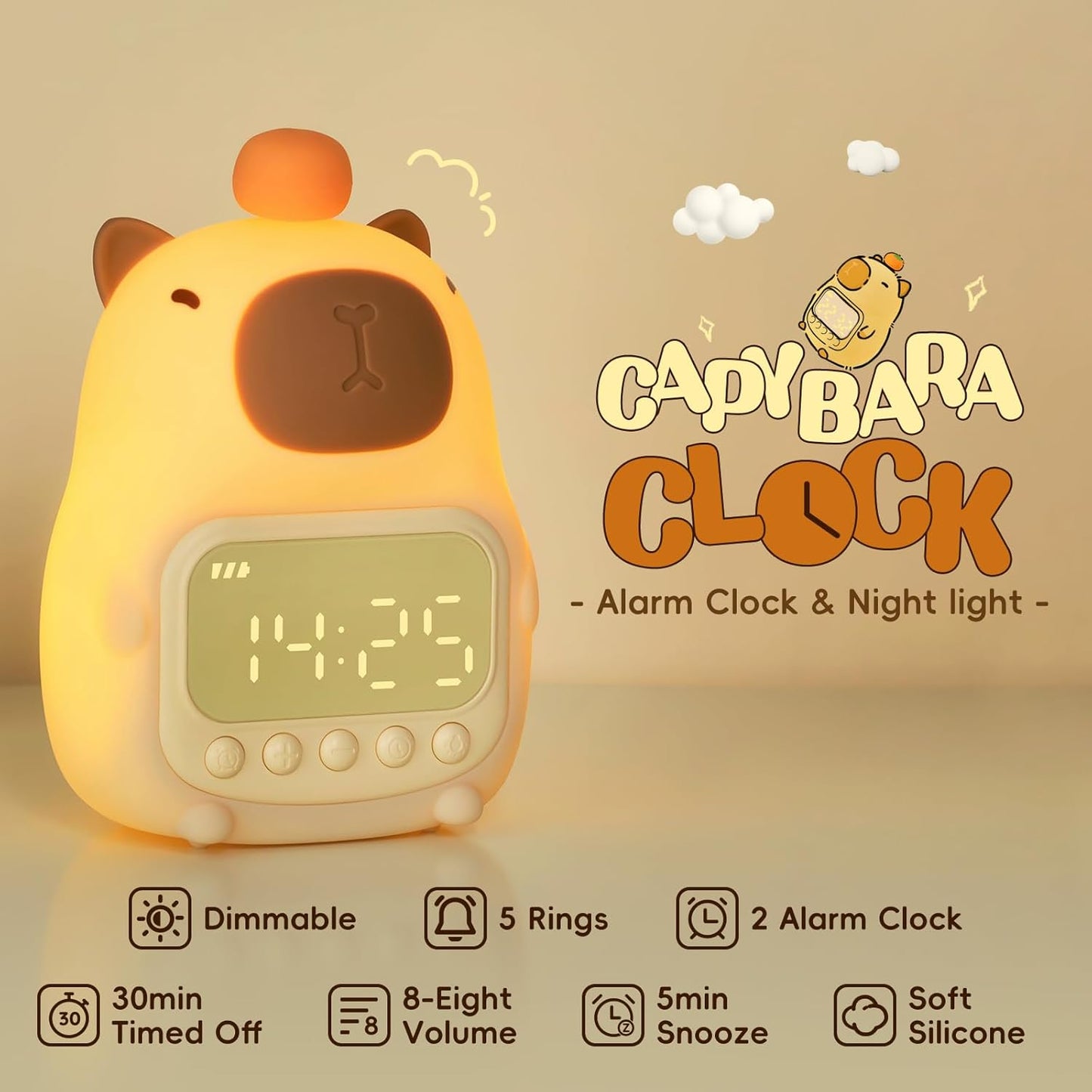 Capybara Alarm Clock with Night Light for Kids, Cute Alarm Clocks for Bedrooms Ok to Wake Clocks, Silicone Animal Tabletop Lamp for Teen Girls Boys