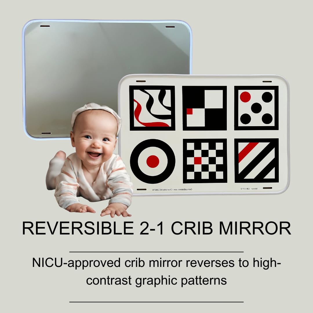 Baby Mirror - Large Crib Mirror - Double-Sided with High Contrast Images - Baby Safe Mirror - NICU Approved - Shatterproof with Hospital Grade Rubber by Genius Baby Toys