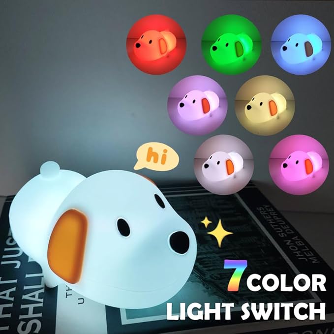 S NMT Cute Dog Silicone Night Light for Kids Room, 7 Colors Changing Nursery Sleeping Lamp, 3 Level Brightness Beside Table Lamp for Baby Room Gifts