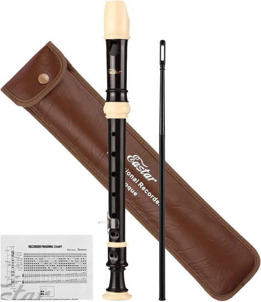 Eastar Soprano Recorder for Beginners Kids, Baroque style C Key Recorder Instrument ABS Classic 3 Piece with Cleaning Kit, Thumb Rest, Leather Bag, Fingering Chart, Brown, ERS-21BB