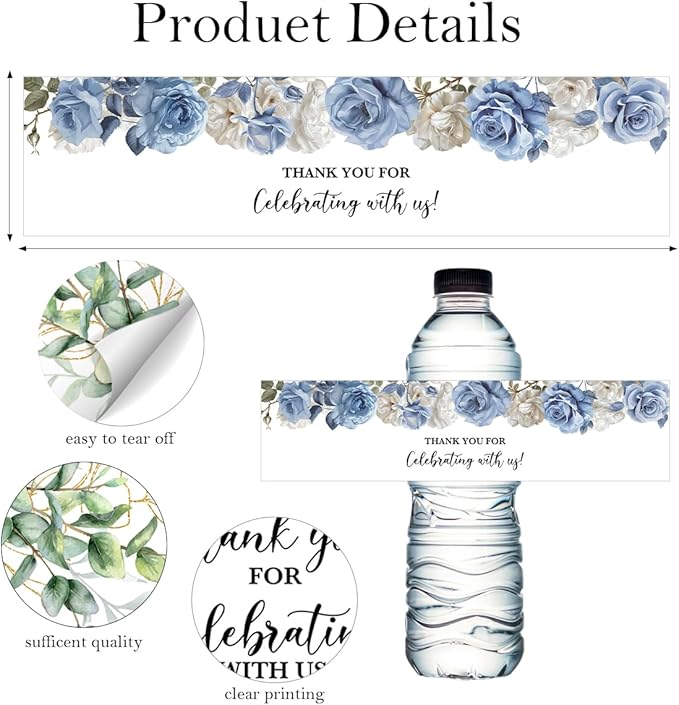 100PCS Wedding Water Bottle Labels Waterproof Greenery Floral Wraps Sticker for Water Bottle Baby Shower Bottle Label for Bridal Shower Party Thanks A13