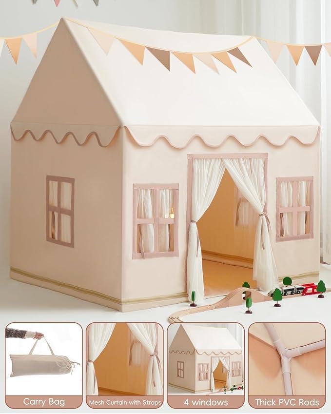 Large Kids Tent Playhouse Base Fabric with Star Lights, Flags and Tote Bags, Kids Play Tent Indoor & Outdoor, Washable Teepee Tent for Boys & Girls, Play House for Toddler, Neutral Color