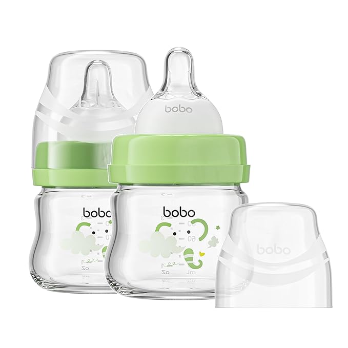 YOHKOH Glass Baby Bottles with Slow Flow Nipple, Newborn Anti-Colic Baby Bottles for 0+ Months, Wide Neck Feeding Bottle, Clear (Green, 2.7oz (Pack of 2))