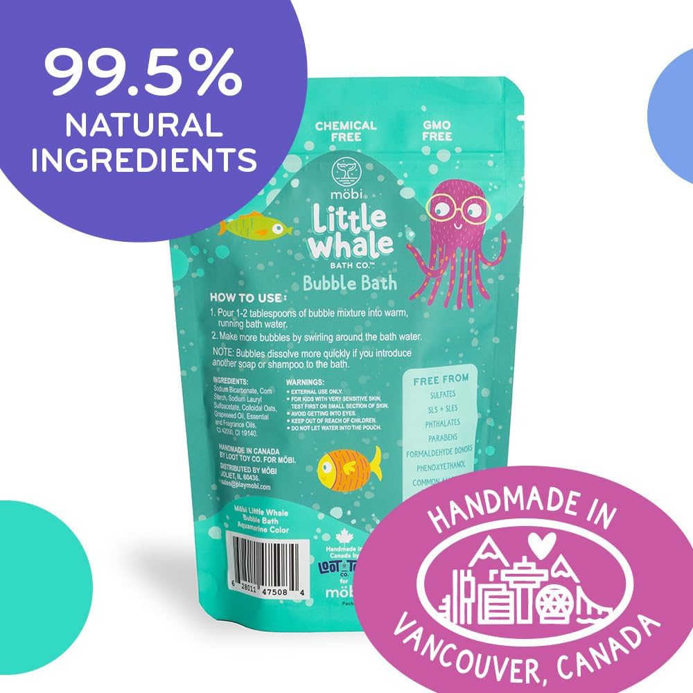 Mobi Little Whale Bubble Bath, Tropical Fruity Scent Kids Body Wash, Gentle Moisturizing Tub Foam for All Skin Type, GMO-Free, Stain-Free, Fun Aquamarine Color, 8 fl oz