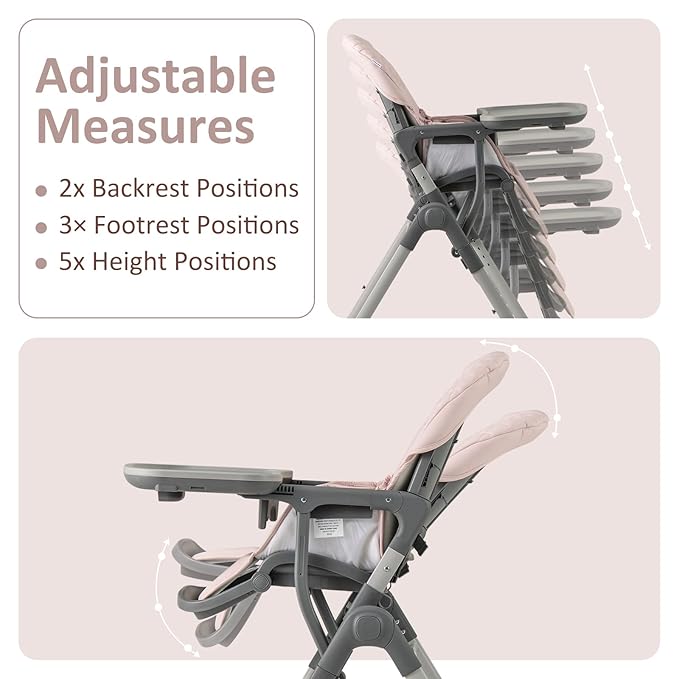 INFANS Baby High Chair, Convertible Quick Folding Portable Highchair for Babies and Toddlers with Adjustable Height Backrest Footrest 2 Wheels Removable Tray, Easy to Clean PU Seat (Pink)