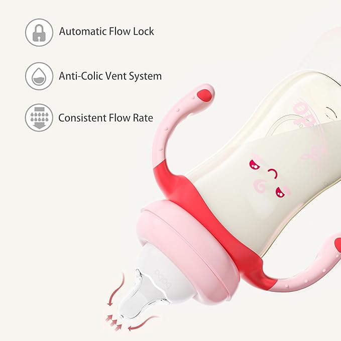 YOHKOH Natural PPSU Baby Bottle with Natural Response Nipple, Newborn Anti-Colic Baby Bottles with Handle, Wide Neck Mushroom Cap Baby Bottle (8.8oz (Pack of 4), Red1)