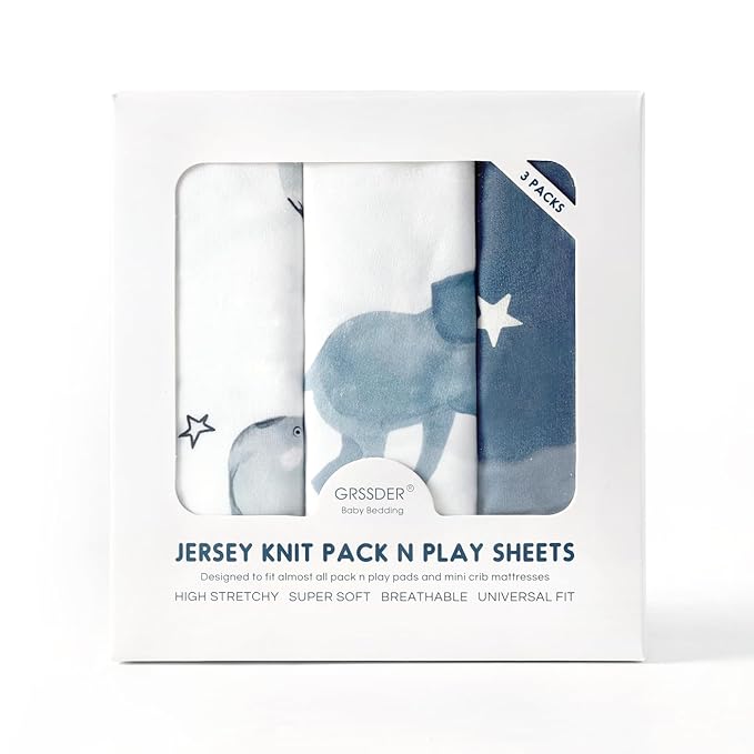 GRSSDER Pack n Play Sheets Fitted 3 Pack, Stretchy Ultra Soft Jersey Knit Pack and Play Sheets, Universal Fitted Portable/Mini Crib Mattresses Snug and Safe, Cute Elephant Print for Boys and Girls