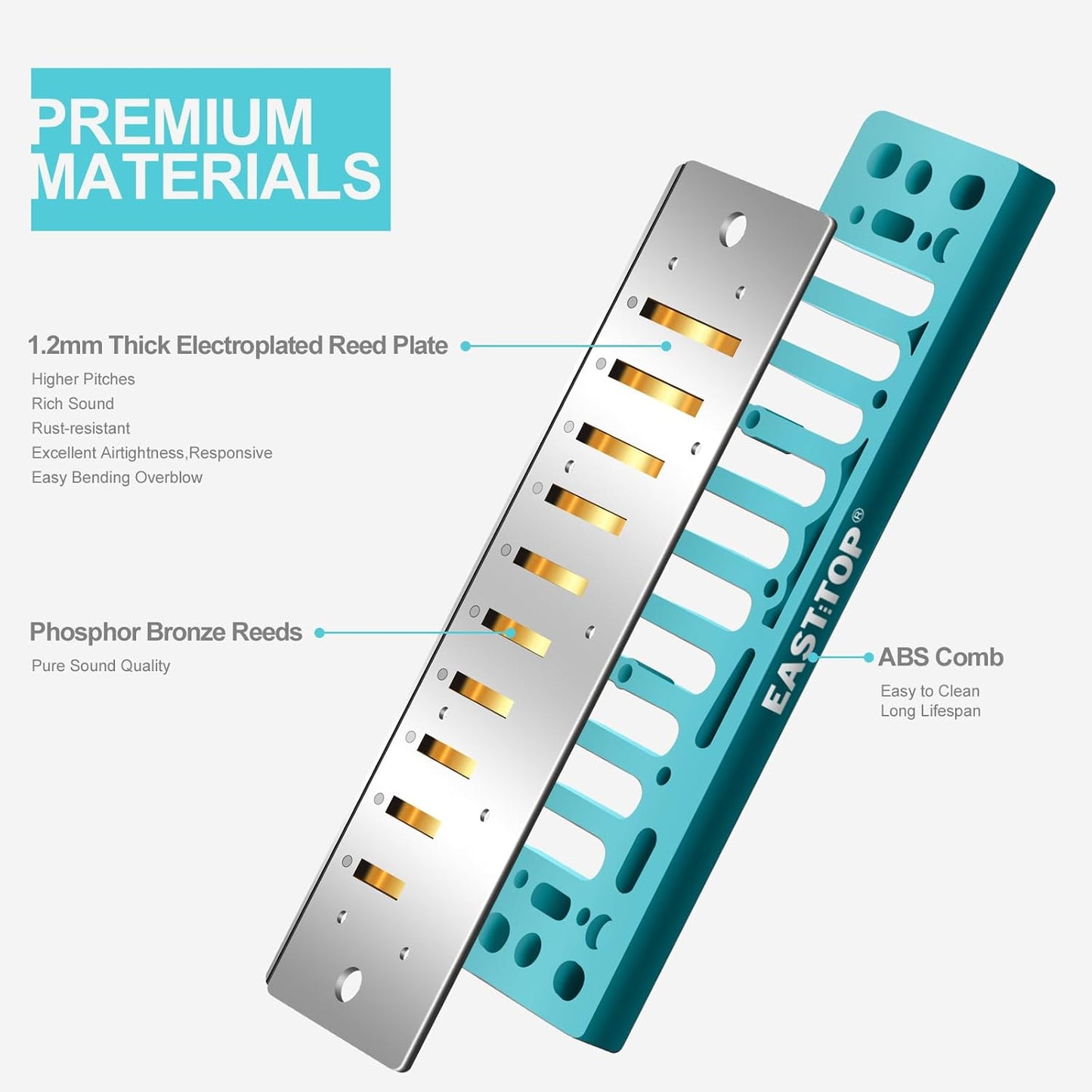 East top Harmonica, Advanced Diatonic Harmonica Key of E, 10 Holes Blues Harp Mouth Organ Harmonica with Silver Cover, Blues Harmonicas For Adults, Professionals and Students