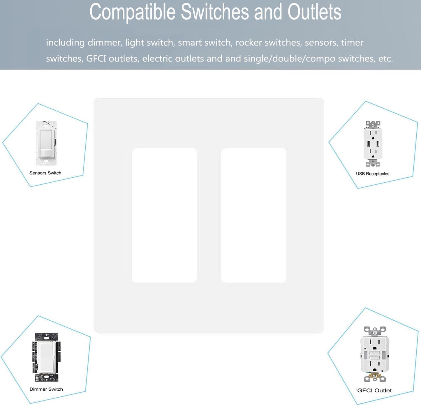 2-Gang Screwless Decora Wall Plate Cover Double Switch Outlet Electrical Faceplate for Light Switch, Smart Switch, Receptacle, Dimmers, USB Outlet, GFCI, Child Safe Cover Plate, White (4-Pack)