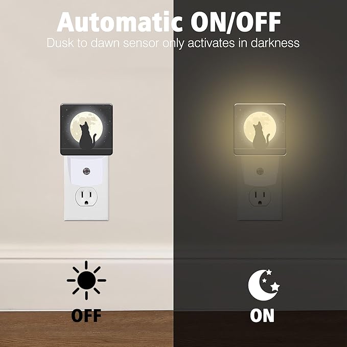 Black Cat Under The Moon Night Lights Plug into Wall for Girls Boys Room, Night Lights LED Lamp with Dusk to Dawn Sensor Nightlight for Bedroom Kitchen Bathroom Hallway Home Wall Decor