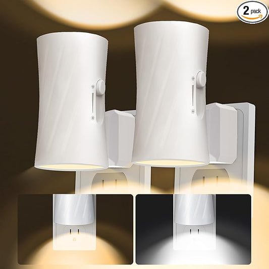 Led Night Lights Plug into Wall, 3000K/5000K Switchable, 2 Pack, Plug in Night Light, 0-100LM Dimmable Night Light, Modern Nightlights, Dusk To Dawn Sensor for Bedroom Bathroom Kitchen Stairs