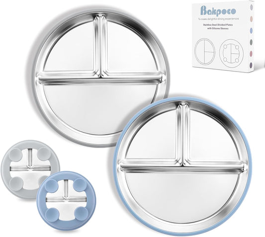 8" Stainless Steel Toddler Plates with Suction, Divided Plates with Removable Silicone Sleeves for Baby, Non Toxic & BPA Free |Unbreakable |Dishwasher Safe Dinnerware Set of 2, Blue & Gray