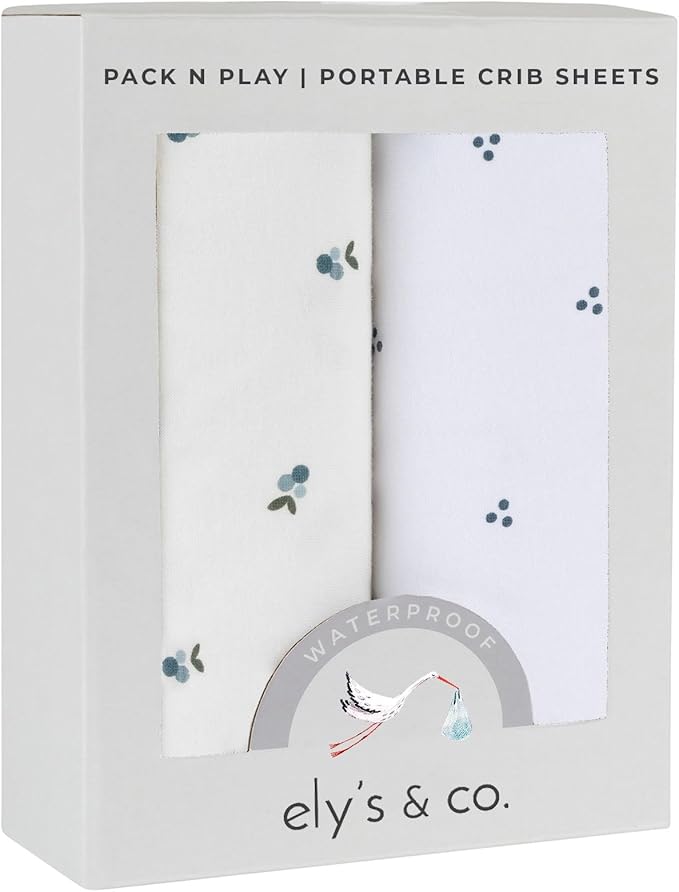 Ely's & Co. Patent Pending Waterproof Pack and Play Sheets, 100% Cotton with Waterproof Lining – 2 Pack Fitted Mini Crib Sheet Set, Berry and Cluster Dot (Blue) 38” x 24”