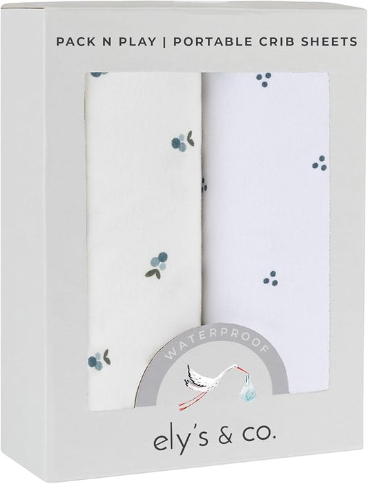 Ely's & Co. Patent Pending Waterproof Pack and Play Sheets, 100% Cotton with Waterproof Lining – 2 Pack Fitted Mini Crib Sheet Set, Berry and Cluster Dot (Blue) 38” x 24”