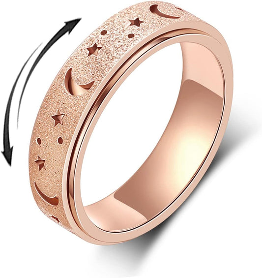 Anxiety Ring for Women Men, Titanium Stainless Steel Spinner Ring, 5 Colors, 6MM, Size 6-10, 3 Styles Anxiety Ring-Moon Star, Sandblasted Finished, Hollow Outer