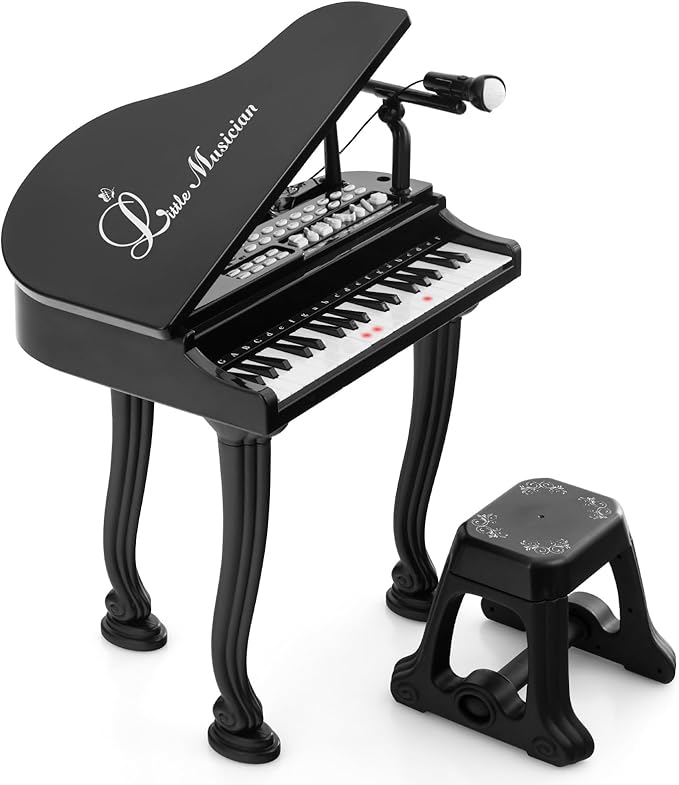 Costzon Kids Piano, 37 Key Mini Grand Piano Toy Keyboard with Microphone, Stool & Lights, Portable Electronic Piano Educational Musical Instrument Toy, Birthday Gift for Toddler Boys Girls (Black)