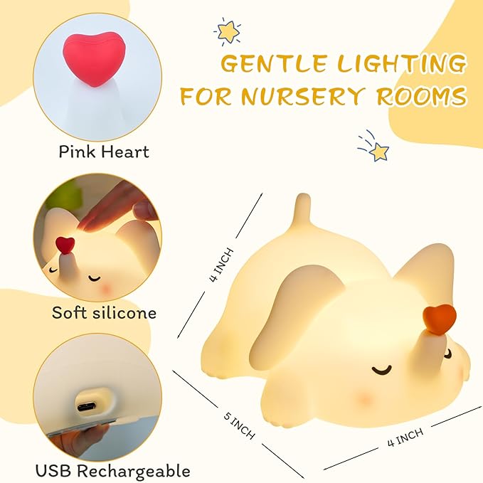 Elephant Night Light for Kids, Silicone Squishy Lamp with Touch Control 3-Level Dimmable, Auto-Off Timer, Rechargeable Nursery Light, Baby Gift (Soft White)