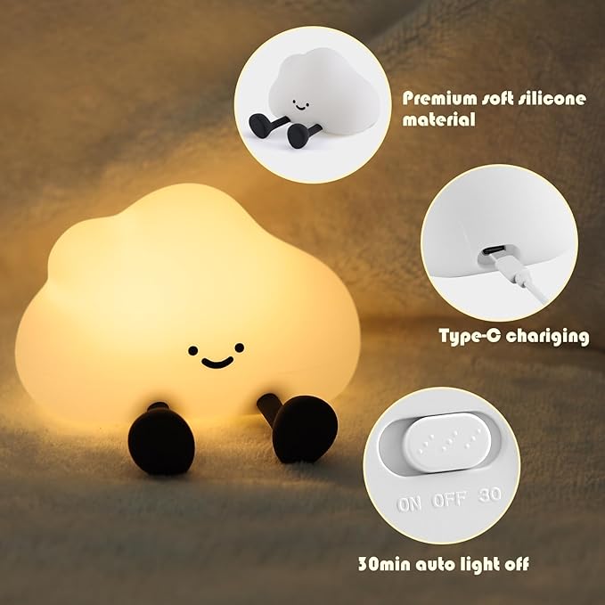 YISUN Cloud Night Light, Cute Silicone Nightlight for Baby Toddler, Rechargeable LED Nursery Lamp with Timer, 3 Level Dimmable Soft Squishy Night Lamp Gift for Bedroom Kids Room Decor