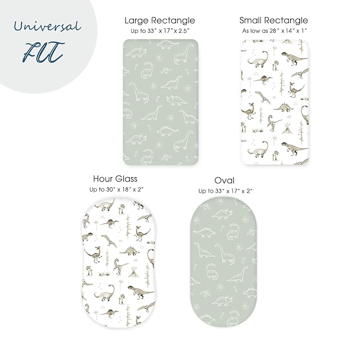 Stretch Ultra Soft Fitted Bassinet Sheet Set 2 Pack, Universal Fit for Bassinets Baby Cradle Moses Basket Oval Rectangle Mattress Safe and Snug, Dinosaur