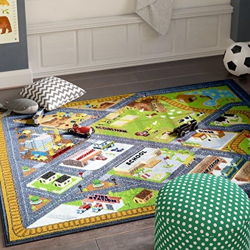 KC Cubs 8x10 Country Farm Construction Car Road Street Rug – Educational Carpet Play Mat for Kids, Toddlers Nursery, Classroom, Playroom, Baby Daycare