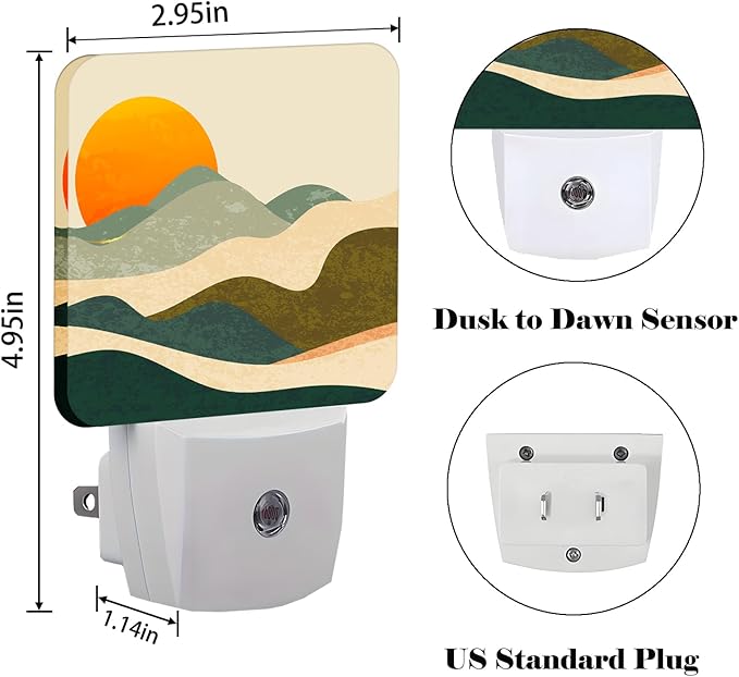 Boho Sun and Abstract Mountains Night Light,Plug Into Wall Decor for Stairway,Hallway,Kitchen,Dusk to Dawn Sensor Nightlights for Boys/Girls/Women/Men Room Gifts