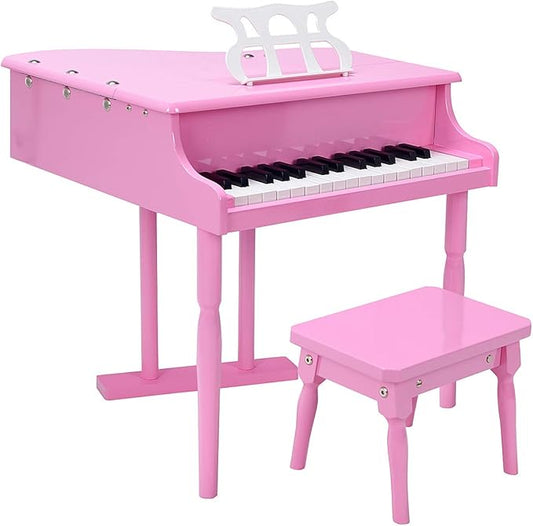 Goplus 30-Key Classical Kids Piano, Mini Grand Piano Wooden Learn-to-Play Musical Instrument Toy with Bench, Piano Lid, Music Rack, Gift for Boys Girls Aged 2+ Baby Toddler (3 Straight Leg-Pink)