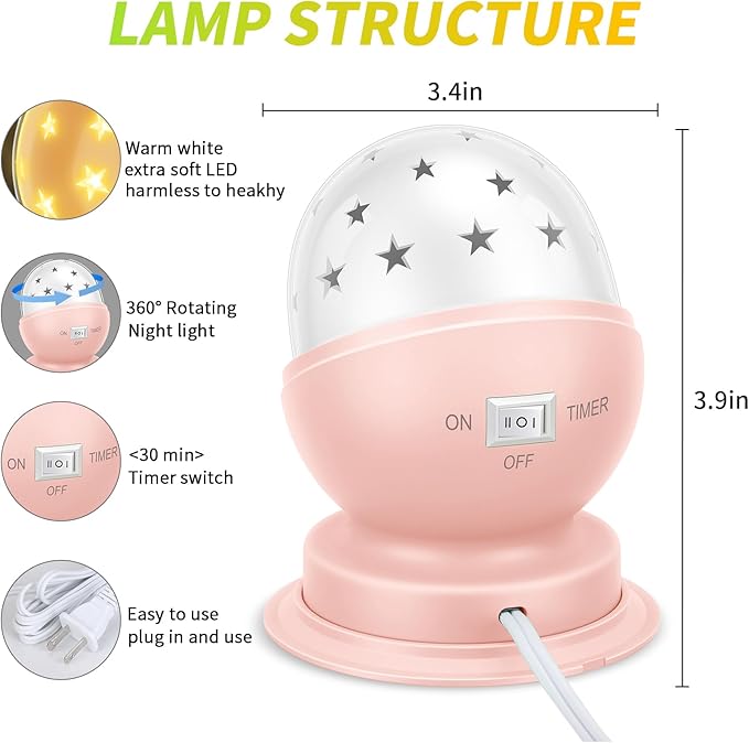 Star Night Light for Kids, 360° Rotating Starry Ceiling Projector for Kid’s Bedroom with Timer, 3000K,Pink,1 Pack