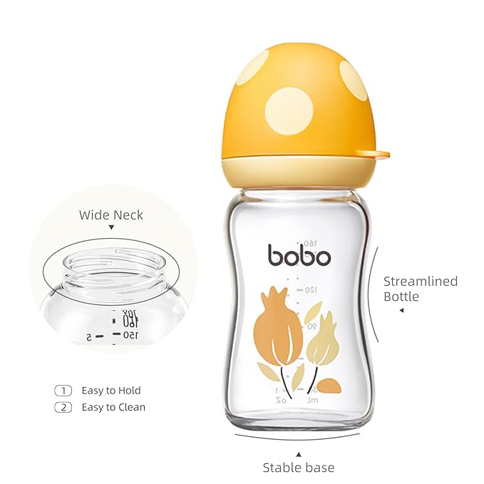 YOHKOH Natural Glass Baby Bottle with Natural Response Nipple, Newborn Anti-Colic Baby Bottles, Wide Neck Mushroom Cap Baby Bottle, Clear (Multicolour1, (5.4oz (Pack of 2))