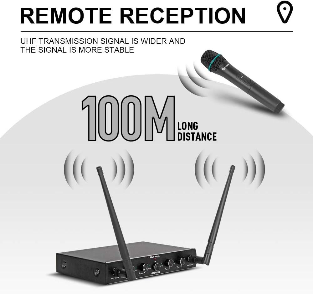Debra Audio Pro UHF 4 Channel Wireless Microphone System with Cordless Handheld Lavalier Headset Mics, Metal Receiver, Ideal for Karaoke Church Party (with 4 Handheld (B))