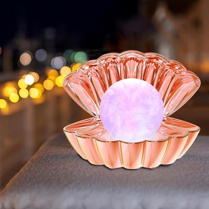Shell Pearl Beach Themed Night Light, RGB 8 Colors Changing Mood Shell Pearl Lamps, Bedside LED Clamshell Portable Night Lights for Bar (Electroplated Rose Gold)