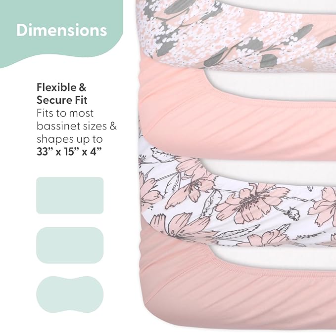 The Peanutshell Baby Organic Bassinet Sheets 4-Pack Unisex - Soft, Oval & Rectangle Baby Girls or Boys Sheet, 100% Jersey Cotton, Fitted Covers for Crib, Halo Bassinet Mattress - Cottage Floral