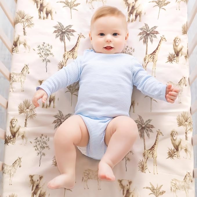 4 Pack Safari Jungle Animals Neutral Unisex Fitted Nursery Baby Sheets Set Toddler Mattress Sheets for Baby Boys or Girls (Pack N Play Sheets)