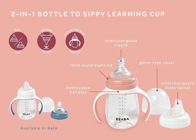 BEABA 2-in-1 Baby Bottle to Transition Sippy Cup, No Spill Sippy Cup, Includes Removable Handles, Silicone Baby Bottle Nipple and Soft Spout, 7 oz Oat