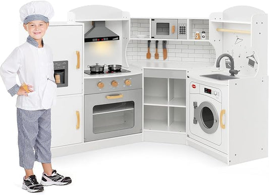 Costzon Corner Kids Kitchen Playset, Wooden Play Kitchen with Sounds & Lights, Washing Machine, Range Hood, Ice Maker, Microwave, Oven, Sink, Pretend Toy Kitchen Set for Toddler, Gift for Boys Girls