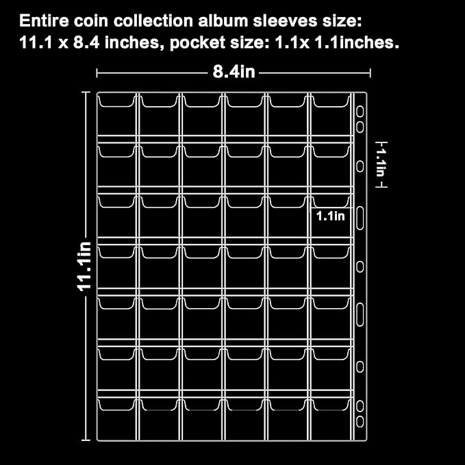 12 Sheets Coin Collection Supplies Pages, Collecting Book Album Protectors Sleeves with Standard 9 Hole for Coin Binder, Currency Holder Storage for Pennies, Quarters Stamp (42 Pocket per Sheet)