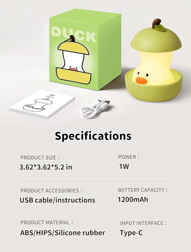 Pear Duck Night Light, Rechargeable Bedside Touch Lamp, Portable Dimmable Sleep Nightlight, Cute Table Night Lamps, Gifts for Kids, Teens, Adults, Bedroom Office Home Decor(Green)