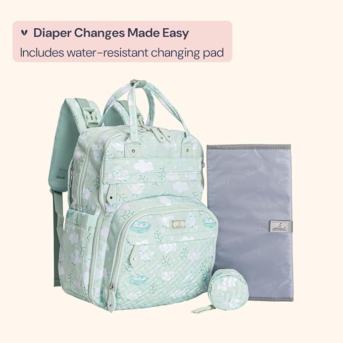 BabbleRoo Diaper Bag Backpack - Baby Essentials Travel Tote - Multi Function Water Resistant Diaper Bag, Travel Essentials Baby Bag with Changing Pad, Stroller Straps & Pacifier Case - Green Birdy