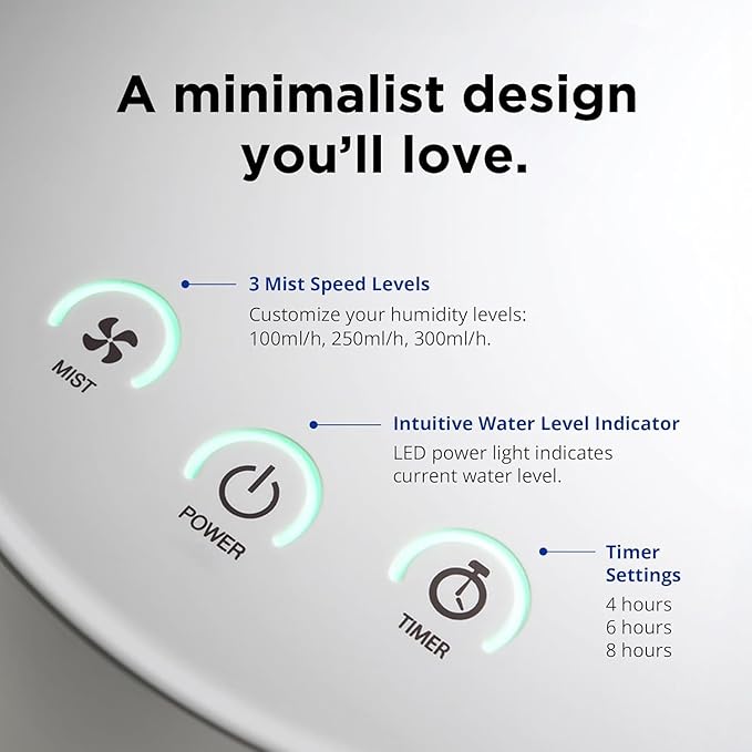 Carepod One Stainless Steel Humidifier for Large Room, Quiet & Safe for Baby, Only 3 Washable Parts & Easy to Clean, Ultrasonic Cool Mist Humidifiers for Bedroom, Filter-Free, Lasts 30Hrs (1Gal/4L)