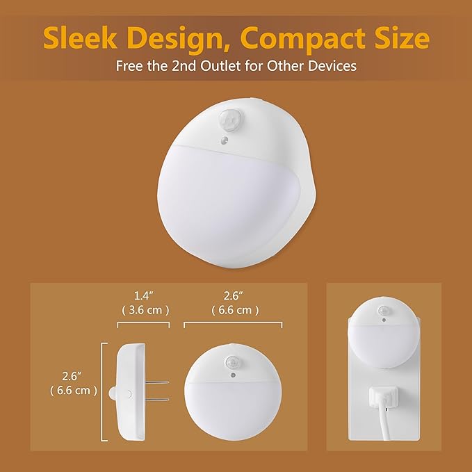 2 Pack Plug in Night Light with 3 Lighting Ways, Stepless Dimming, Light Sensor, Warm White Nightlight for Bathroom, Hallway, Stairs, Bedroom, Kitchen, Kids, Girls, Boys, Adults