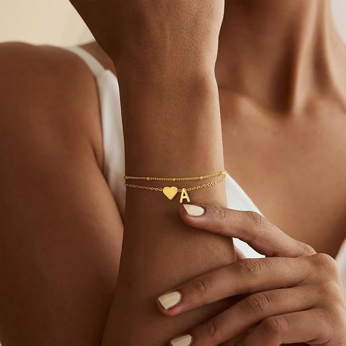 M MOOHAM Initial Heart Bracelets for Women - Layered Dainty 14K-Gold-Plated Heart Letter A-Z Charm Bracelets for Women, Chain Link Charm Bracelets Beaded Bracelets Birthday Gifts Womens Jewelry